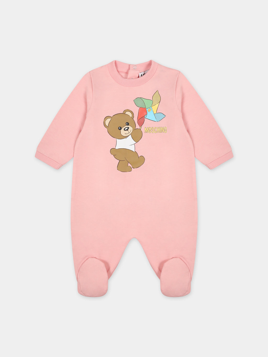 Pink bodysuit for baby girl with Teddy Bear and multicolor pinwheel